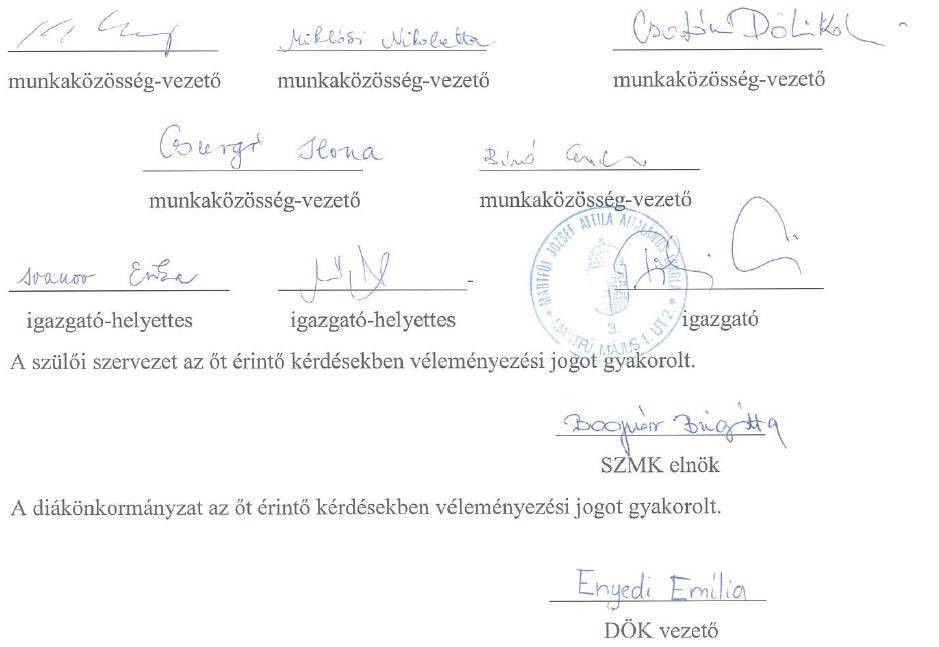 A nevelőtestület, SZMK elnök és DÖK vezető aláírásai (kép)